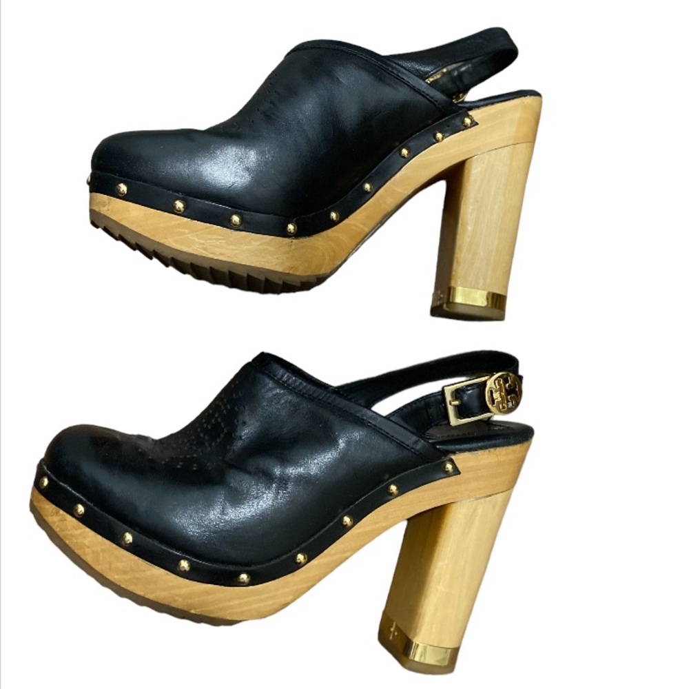 Tory Burch Clogs Mule Leather Wood Heels Slingback Black Size 7.5 M